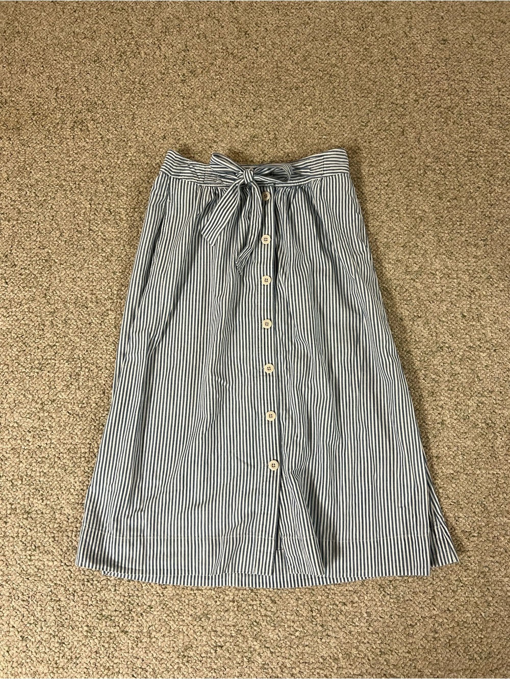 Madewell Blue and White Striped Button-Front Tie-Waist Midi Skirt